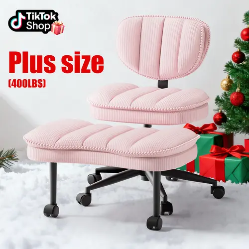 HOMRELEXA Armless Comfy Chair - 400LBS Plus Size Sturdy Vintage Ergonomic Office Chair, Stain-Resist PU/Corduroy, Height-Adjustable Swivel, Rolling Wheels, Back Support, for Home & Office Use