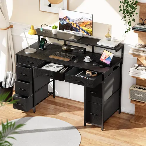 Ecofurnix,47 inch Computer Desk with 8 Storage Drawers, Gaming Desk with LED Lights & USB Power Outlets, Home Office Table with Monitor Stand, Study Writing Work Table for Bedroom Thicker Desktop Oval  Table Wood Workstation summerwins