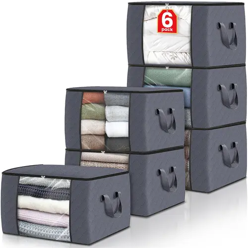 6-Pc Collapsible Clothing Storage Organizer Bags with Reinforced Handles, Transparent Window & Zipper - 21.65 x 13.78 x 12.40 Inches Storage Organization for 6-Pc Closet Setup, Travel & Home Essentials