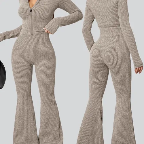 Women's Ribbed Yoga Set with Comfortable Bell-Bottoms, Slim-Fitting Casual Sportswear for Fall & Winter Fitness, Workout Athleisure Activewear, Fitness Outfits