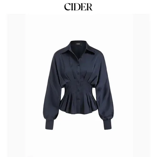 Cider Satin Collar Ruffled Cinched Waist Lantern Sleeve Shirt