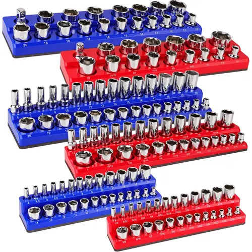 Magnetic Socket Organizer, 6 Piece Socket Holder Kit, 1/2-inch, 3/8-inch, 1/4-inch Drive, Holds 143 SAE&Metric Sockets, Red & Blue, Professional Quality Tools Organizer Hardware Heavy Duty #TikTokShopBlackFriday
