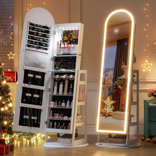 Dystler Standing LED Mirror Jewelry Cabinet – Lockable Jewelry Armoire with Arched Full-Length Mirror, Adjustable LED Lights, Ideal Mothers Day Gift,summerwins