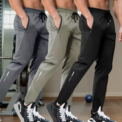 Men's 3-Pack Straight-Leg Track Pants - Lightweight, Breathable, Loose-Fitting Fitted Cut Joggers with Elastic Drawstring Waistband, Zippered Pockets, Multi-Color for Gym, Casual Wear (All-Seasons Mensfashion)
