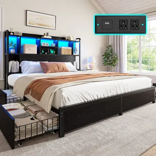 Raybee Modern Queen Bed Frame with 51" Tall Headboard, 9 Storage Compartments & 4 Drawers,  LED Platform Bed Frame with Charging Station,  Holds 1200LBS with Metal Frame  & Slats, No Noise, No Box Spring Needed,  Full, King, Black, Rustic Brown