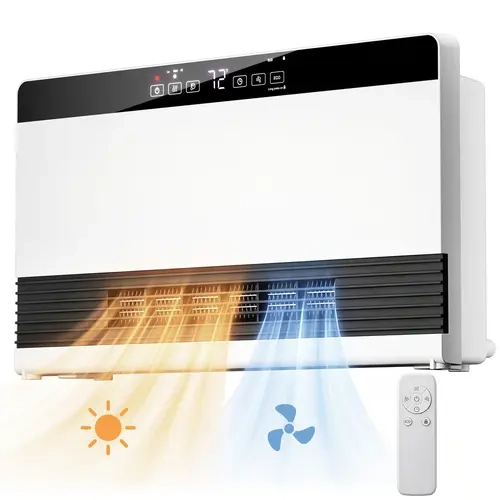 R.W.FLAME Space-Saving 2-in-1 Wall Mounted PTC Electric Heater and Fan for Home - 1300W Fast Heating, Adjustable Temperature, Digital Control, 3 Heat/Fan/ECO Options, Wireless Remote, 12H Timer, Overheat Guard, Auto Shut-Off, Waterproof