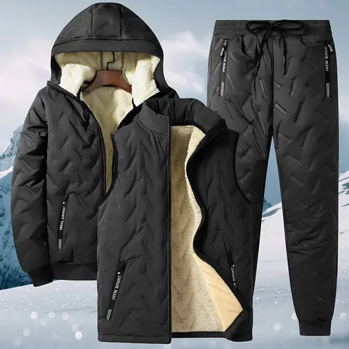 Men's 3-Piece Matching Set Fleece Lined Lamb Wool Warmth, Ultrasonic Cotton Stand Collar Jacket, Hoodie & Beige Pants, Winter Casual Cold Weather Outfit
