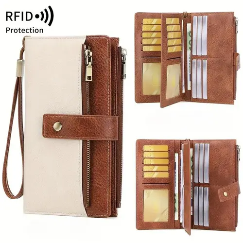 Women's long wallet, stylish clutch, elegant solid color RFID blocking leather wallet, long wallet with wristlet, zipper pocket and card slots, slim Tri-fold / Bi-fold wallet, suitable for everyday use, large capacity wallet,  student wallet, holiday gift
