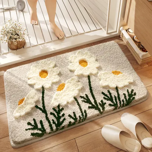 LUMI Bathroom Rugs Cute Daisy, Soft Absorbent Square Bath Mat Non-Slip, Machine Washable Quick Dry White Grey Luxury Rug Flower for Kids Room, Bathtub, Home Decor