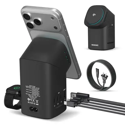 RESSONIC Wireless Charging Station 6 in 1 Magnetic Charger, USB-A USB-C Hub Qi2 Certified Fast Charging for iPhone 17/16/15/14/13/12 Series, Earbuds & Smartwatch