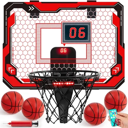 SYNCFUN Mini Basketball Hoop Over The Door LED Indoor Hoop for Kids with Scoreboard 4 Balls Basket Ball Game Toys Gifts for Boys Ages 3 and UP Red