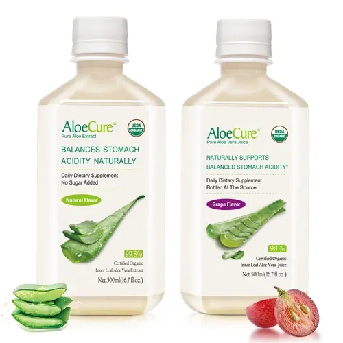 AloeCure Organic Aloe Vera High Quality Juice - 2-Bottle Sample Pack (Grape & Natural Flavors, 2x500ml) - Allergen-Free Digestive Aid from Certified Organic Farms, Stomach Acidity Balancer (Gluten, Dairy, GMO, Lactose-Free)