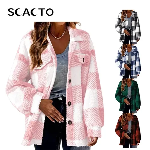 Scacto Women's Baggy Plaid Fleece Shacket - Thick Material Women's Fleece Jackets with Printing for Unique Appearance, Warm Button-Front, Comfortable Relaxed Fit Chic Fashion Outerwear