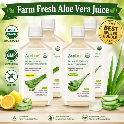 AloeCure Organic Aloe Vera Juice Beverage - 4-Bottle Sample Pack, Lemon Flavor, 4x500ml Aloe Drink, Healthy Nutrient Rich Gluten-Free Dairy-Free Wellness Supplement