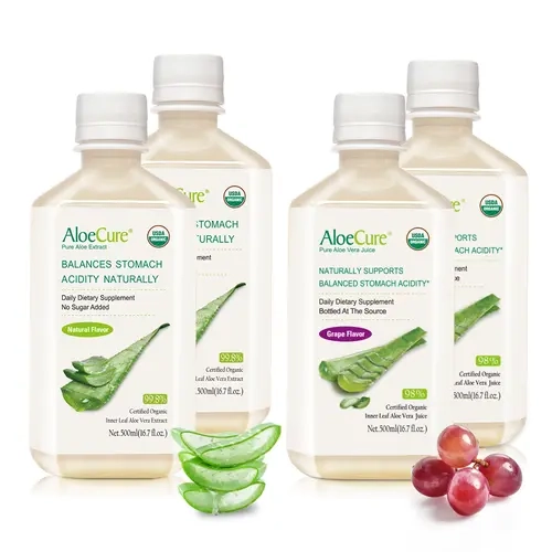 AloeCure Certified Organic Aloe Vera Juice Drink - 4-Bottle Sample Pack, Grape + Natural Flavor - 4x500ml, Gluten-Free Vegan Chemical-Free Healthy Drink for Adults