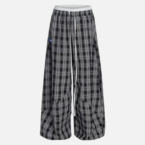 Aelfric Eden Baggy Plaid  Barrel Double Waist Sweatpants Unisex Drawstring Elastic Waist Joggers  Y2K Streetwear Loose Fit Vintage Joggers,summerwins,father'sdaygifts