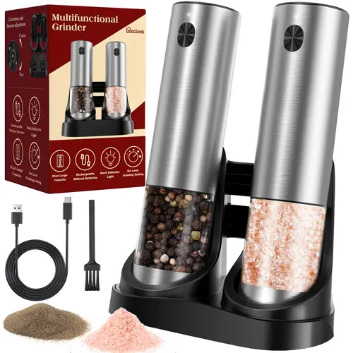 New 2-Piece 95ml Stainless Steel Automatic Electric Salt and Pepper Grinder Set for Home Cooks - 1-Hand Operation, Adjustable Coarseness, LED Light, Durable, Dishwasher-Safe, Cooking & BBQ Essential, Modern Kitchen Utensil with Funnel & Brush Set