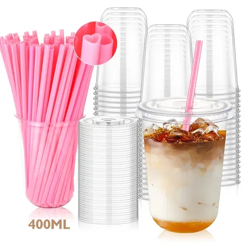 16 oz Transparent U-Shaped Pink Disposable Coffee Cups with Lids & Pink Straws (100 Sets, 400ml) - BPA-Free, Eco-Friendly, Lightweight, Leak-Proof, Spill-Resistant, Round-Bottom Sturdy Base, Party Restaurant Christmas Wedding Iced Drink Essentials