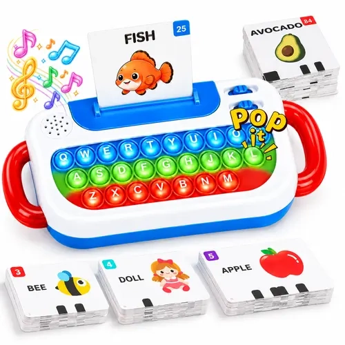 deAO Talking Flash Cards Interactive Educational Toys Pop It Keyboard Learning Toy for Kids, LTyping Toy Keyboard for Kids, 3 Learning Modes, Interactive Light-Up Reader, Sensory Fidget Toy for Boys Girls Ages 3+
