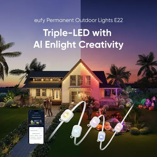 1 eufy E22 Permanent Outdoor Light, 200ft/150ft/100ft/50ft with 60 Triple-LED Lights, Smart RGBWW for Christmas, Daily and Holiday, IP67 Waterproof, AI Lighting Themes for Christmas Decorations, Links with Cameras, [Live Only]