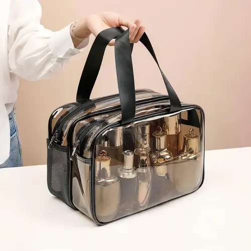 PVC Clear Cosmetic Bag with Double Layer Dry Wet Separation Large Capacity Transparent Toiletry Organizer for Travel Valentine's Day Gift Portable Storage with Handles & Shoulder Strap Ideal for Gym Bath Work Stadium Girlfriend Present Minimalist