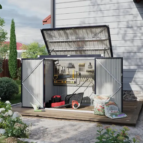 AOXUN 60 Cu. Ft Outdoor Trash Can Storage, 5x2.6Ft Outdoor Storage Shed, Horizontal Metal Shed w/Lockable Doors & Waterproof Lid Chain - Holds Trash Cans, Toys, Garden Tools for Garden/Backyard/Patio