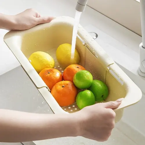 Over the Sink Colander Strainer Basket Extendable Collapsible Drain Basket for Kitchen Sink Vegetable Wash Fruit and Vegetable Drain Utensils New Home Essentials BPA Free Dishwasher Safe