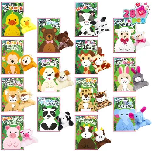 JOYIN 28 Pack Valentine's Day Gifts Cards for Kids with Animal Plush Toy Key Chain Stress Relief Fidget Toy for Classroom Exchange Cards and Kids Party Favor