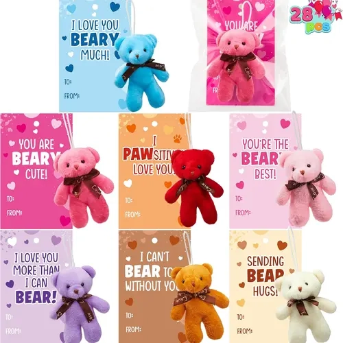 JOYIN 28pcs/24pcs Valentine's Day Gift Cards with Mini Bears Plush Toy Party Favors, Mini Stuffed Animal Plush Toys for Valentines Day Gifts, Kids Classroom School Exchange Prize bingo Bear with Bags and Cards