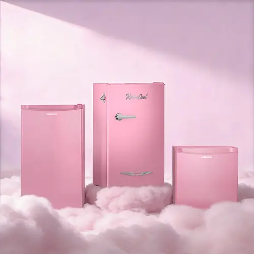 Upstreman Pink Portable Fridge - Compact Retro Countertop Mini Fridge with Bottle Opener Attachment, Metal Carry Handle, LED Lamp, Ultra-Quiet, Energy-Saving (0.5 kwh per day), 7 Temperature Settings, for Bedrooms, Small Spaces, Dorm Users