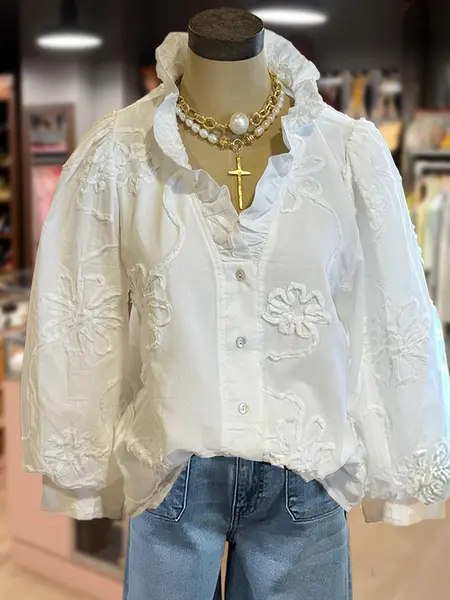 Cherrybetty 100%Cotton Elegant Embroidered Flower Ruffle Neck Puff Sleeve Cotton Top Women Casual Style Vintage Blouse Cute Fall Outfits for Womenswear