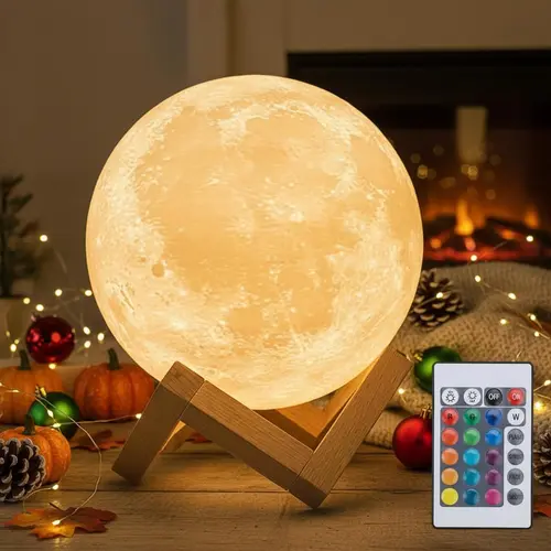 Acrylic 3D Moon Night Light - 16-Color LED Rechargeable Dimmable Lamp with 148 Modes, Remote, Wooden Stand, Whimsical Cool Girl Room Decor, Lights for Bedroom, Christmas Gift for Mom