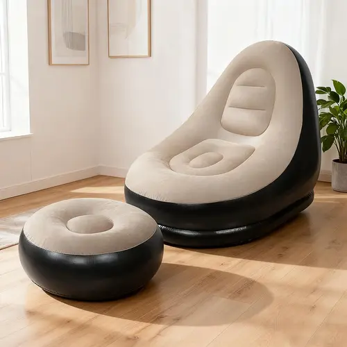 Portable Foldable Inflatable Lazy Chair with Matching Footrest, Skin-Friendly Ergonomic Air Recliner with Free Hand Pump, Single Inflatable Sofa for Indoor Bedroom & Outdoor Camping