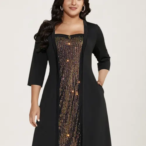 BloomChic Heart Neckline Patchwork Sequin Button Detail Dress 【M-6XL】