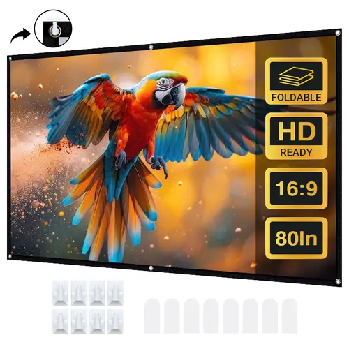 80-Inch 16:9 Foldable Wrinkle-Free Polyester Home Cinema Projector Screen - 4K HD High Clarity, 160° Wide Viewing Angle, Iron-Safe Fabric, Durable, Easy Tool-Free Installation, Portable with Hooks for Indoor Weddings, Classroom Teaching