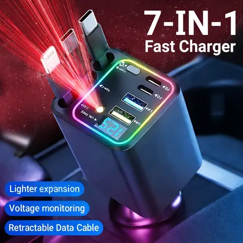 7-in-1 Retractable Car Charger: 120W Max Fast Charging Station with 3 Cables,Star Projector 4 Ports & 180° Swivel | LED Voltage Display &  | Premium Car Accessories for iPhone & Android | Essential Road Trip Gadget & Organizer