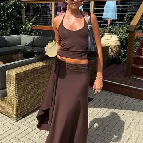Women's Summer Outfit, Solid Sleeveless Tie-neck Cami Top & Bodycon Side Split Irregular Hem Long Skirt Two-piece Set, Sexy Backless Halter Neck Lace-up Camisole Crop Tank Tops with Slit Ruffles Skirts Suit, Ladies Party Club Date Holiday Casual Outfits