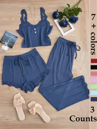Women's Sleepwear Set, Three-Piece Lace Trim Tank Top & Shorts & Long Pants Pajamas, Soft Breathable Comfortable Casual Loungewear Outfits