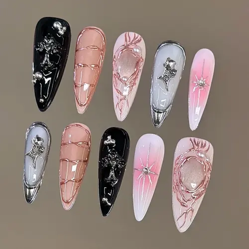 NailVesta STARLIT RIFT – 100% Handcrafted 3D Press-On Nails | Reusable, Long-Lasting, Salon-Quality black lace nail art nail art