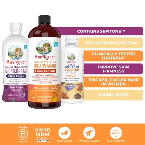 MaryRuth's Daily Wellness + Hair & Collagen Booster Bundle - Liquid Morning Multivitamin + Hair Growth 30oz - Liquid Nighttime Multimineral + Skin Renew 30oz - Collagen Booster 7.6 oz