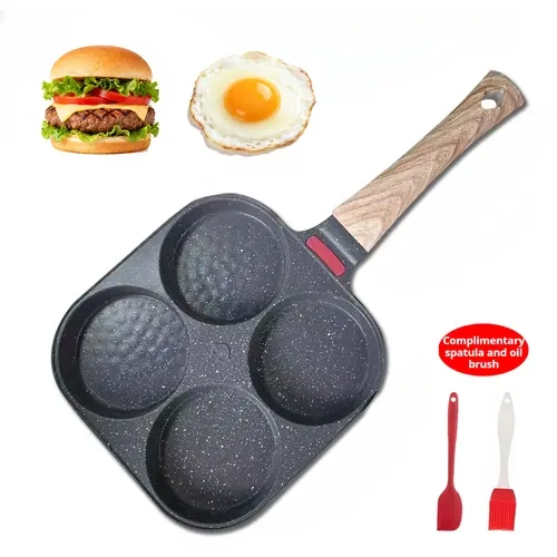 Multifunctional Non-Stick Breakfast Pan - 4-Cup Design, 4-Cup Batch Cook, Fast and Even Heating, Frying Bacon & Burgers, Gas & Induction Compatible, Includes Silicone Basting Brush & Spatula Set for Family