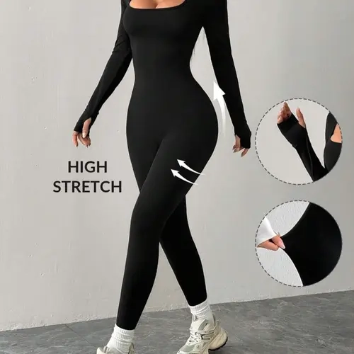 Women's Solid Color Slim Fit Square Neck Unique Design Tight Comfortable Long Sleeve Cuffed Jumpsuit, Casual Everyday Fashion All Occasion Wear