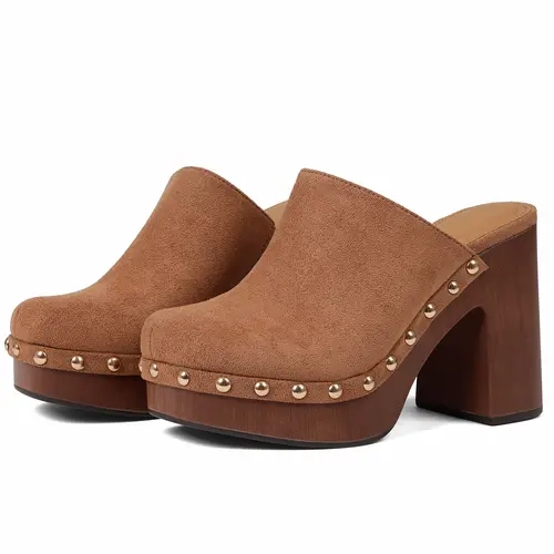 EROCALLI Women's Suede Mules - Chic Spring/Summer Retro Clogs, Gold Studs Detail, Wood Platform Chunky Block Heel, Open-Back, Slip-On, Ankle-Cut, Round Toe, Rubber Sole, No Excess Bulk, Comfortable Casual Footwear