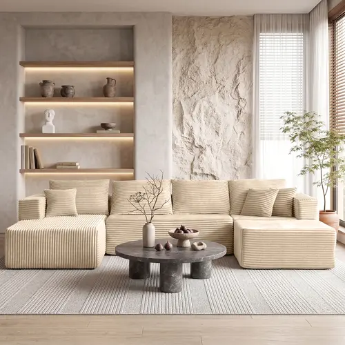 ModMood U-Shaped Modular Sectional Sofa with Ottoman, 133x70" Corduroy Convertible Sleeper Couch, Space-Saving Compressed Sofa, 7 Free Pillows, 【2 Packages】 for Living Room, Cozy Cloud Couch for Family & Gaming Boneless Modern Sofa
