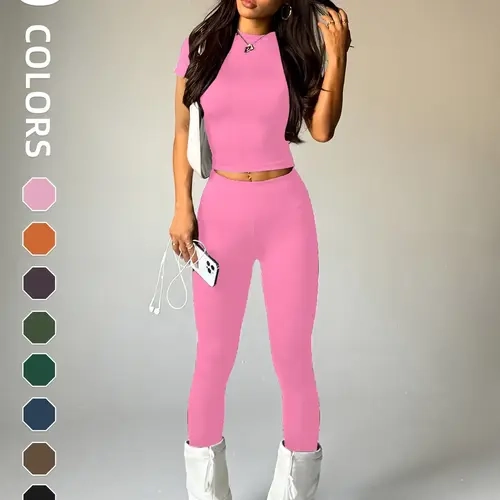 Women's Short Sleeve Round Neck Moisture Wicking Yoga Pants Set, Comfortable Fashion Daily Sports Wear, Elastic Sportswear, Solid Sports Sets, Exercise Clothing Set, Women Workout Clothes