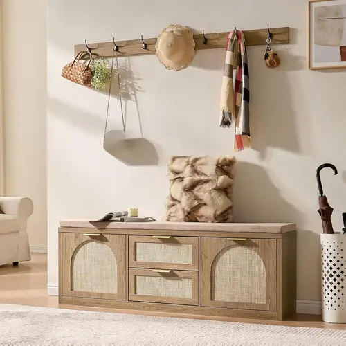 PieDle 4-in-1 Arched Rattan Entryway Bench with Coat Rack & Seat Cushion, Narrow Wood Shoe Cabinet with Bench, Mid-Century Modern Shoe Storage Bench for Foyer, Hallway