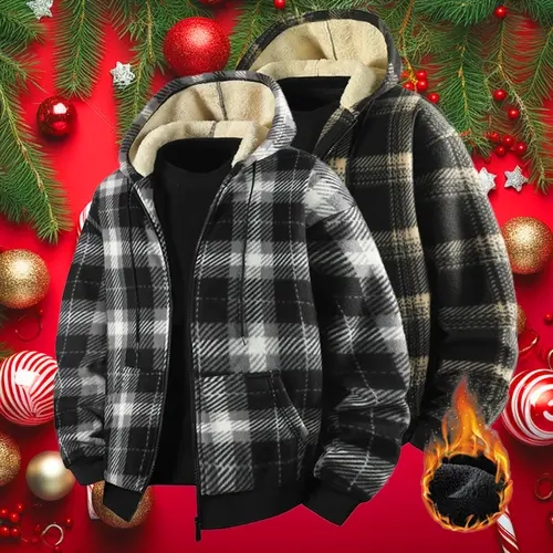Men's Basic Collared Neck Long-Sleeve Fitted Fleece-Lined Hooded Sweatshirt - Preppy Chic Warm Casual Autumn-Winter Outerwear Jacket