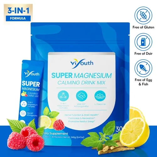 Viyouth SUPER Calming Sugar-Free Sparkling Health Drink Powder - 3-in-1 Daily Vitamin Supplement with Magnesium, KSM-66 Ashwagandha, Turmeric, GABA, Probiotics, L-Theanine - Supports Cortisol Balance, Mood - 30 Servings, Non-GMO, Raspberry Lemonade Flavor
