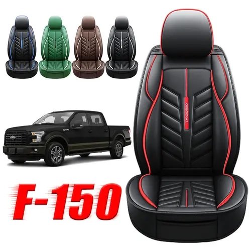 Full Coverage 5-Seat Premium Leatherette PU Leather Covers for Ford F-150, Black & Red, Luxurious Feel, All-Weather Protection, Perfect Fit Car Interior Accessory