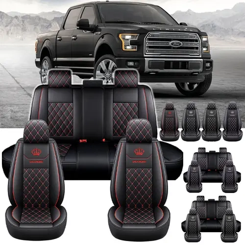 Premium PU Leather Car Seat Covers - Full Seamless Full Set for Ford F-150 Trucks, Car Seat Protectors with Red Stitch Flair & Crown Logo, Complete Coverage Truck Accessories, Stylish Automotive Upholstery Accent